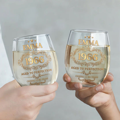 Aged To Perfection Cheers To Many Years Gold Stars And Filigree - Personalized Stemless Wine Glass - BDAY038_WIGL