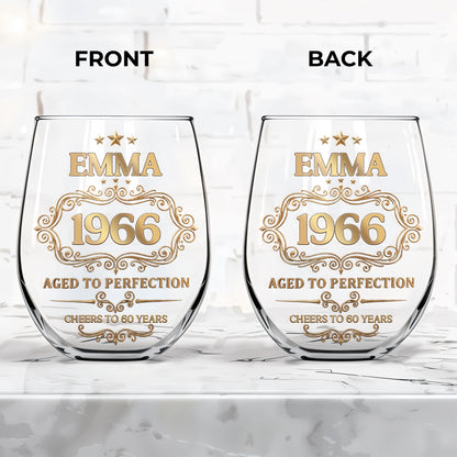 Aged To Perfection Cheers To Many Years Gold Stars And Filigree - Personalized Stemless Wine Glass - BDAY038_WIGL