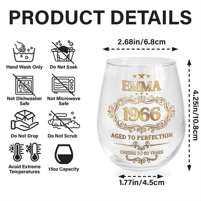 Aged To Perfection Cheers To Many Years Gold Stars And Filigree - Personalized Stemless Wine Glass - BDAY038_WIGL