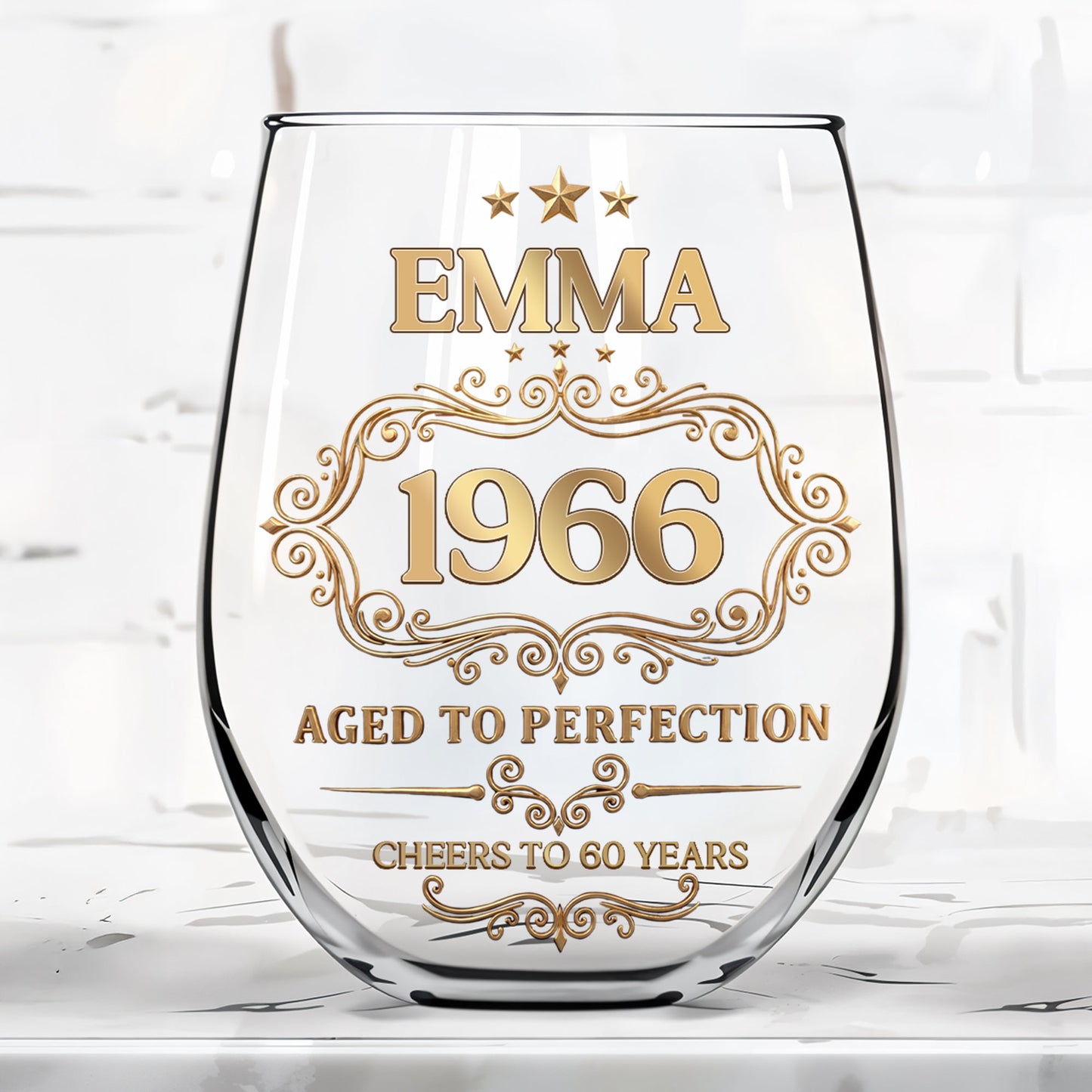 Aged To Perfection Cheers To Many Years Gold Stars And Filigree - Personalized Stemless Wine Glass - BDAY038_WIGL
