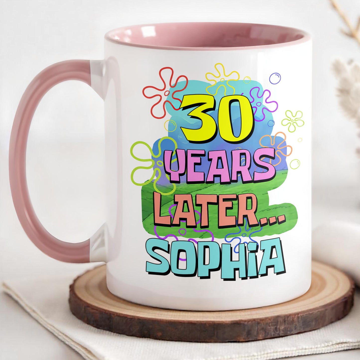 Years Later Personalized Birthday Mug With Colorful Flowers And Bubbles - Personalized Custom Accent Mug - BDAY053_AMUG