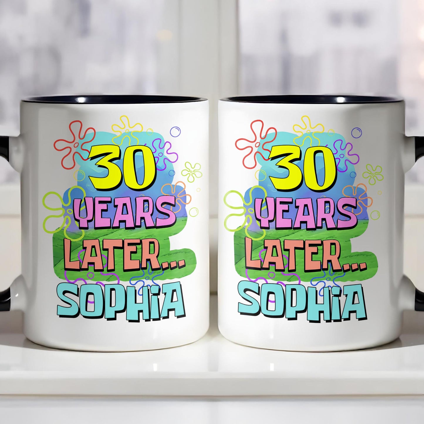 Years Later Personalized Birthday Mug With Colorful Flowers And Bubbles - Personalized Custom Accent Mug - BDAY053_AMUG