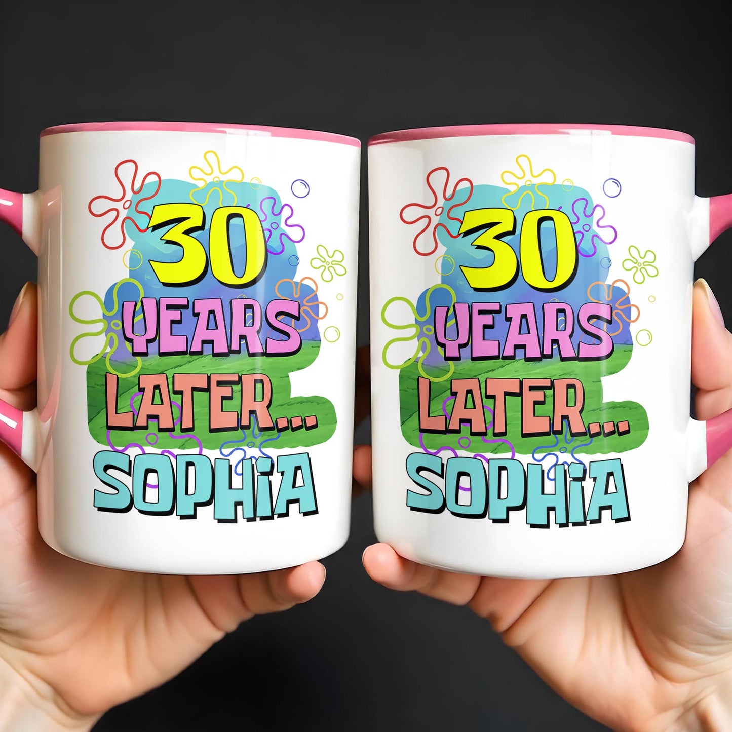 Years Later Personalized Birthday Mug With Colorful Flowers And Bubbles - Personalized Custom Accent Mug - BDAY053_AMUG