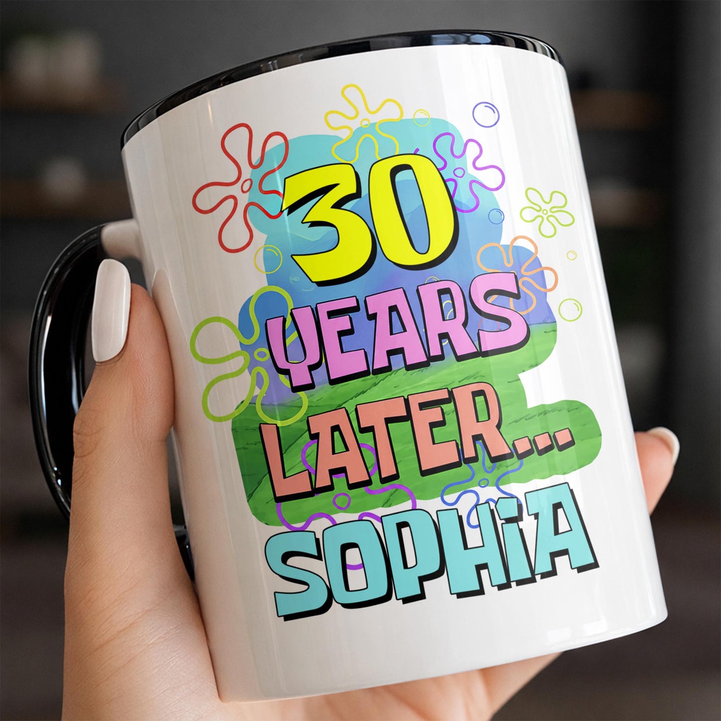 Years Later Personalized Birthday Mug With Colorful Flowers And Bubbles - Personalized Custom Accent Mug - BDAY053_AMUG