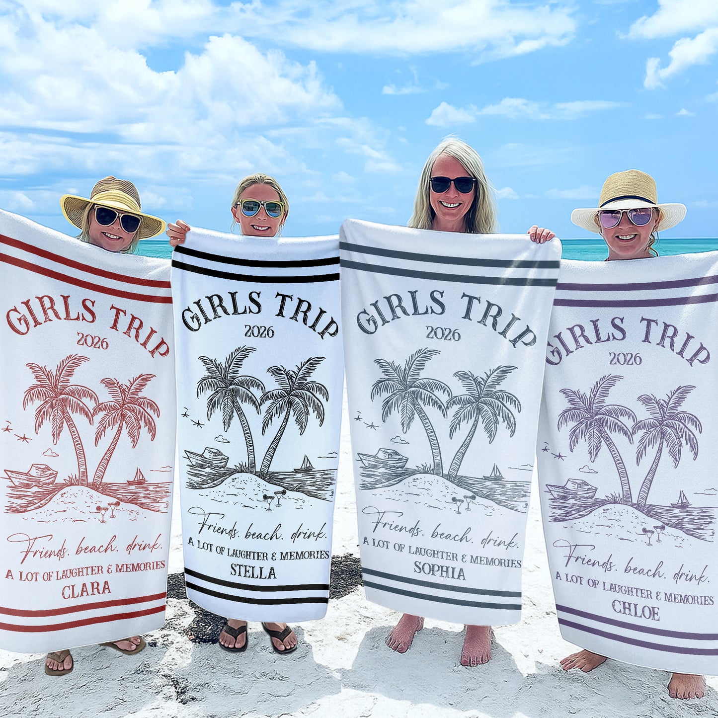 Girls Trip Friends Beach Drink With Palm Trees And Cocktails - Personalized Beach Towel - BST577_BETO