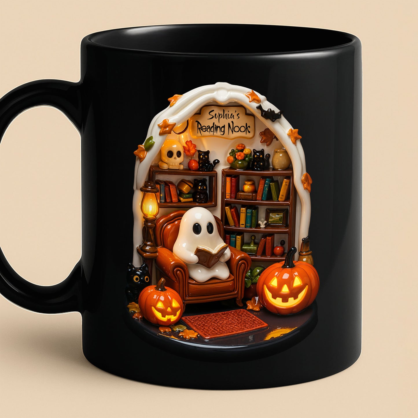 Reading Nook With Ghost, Pumpkin, And Black Cat