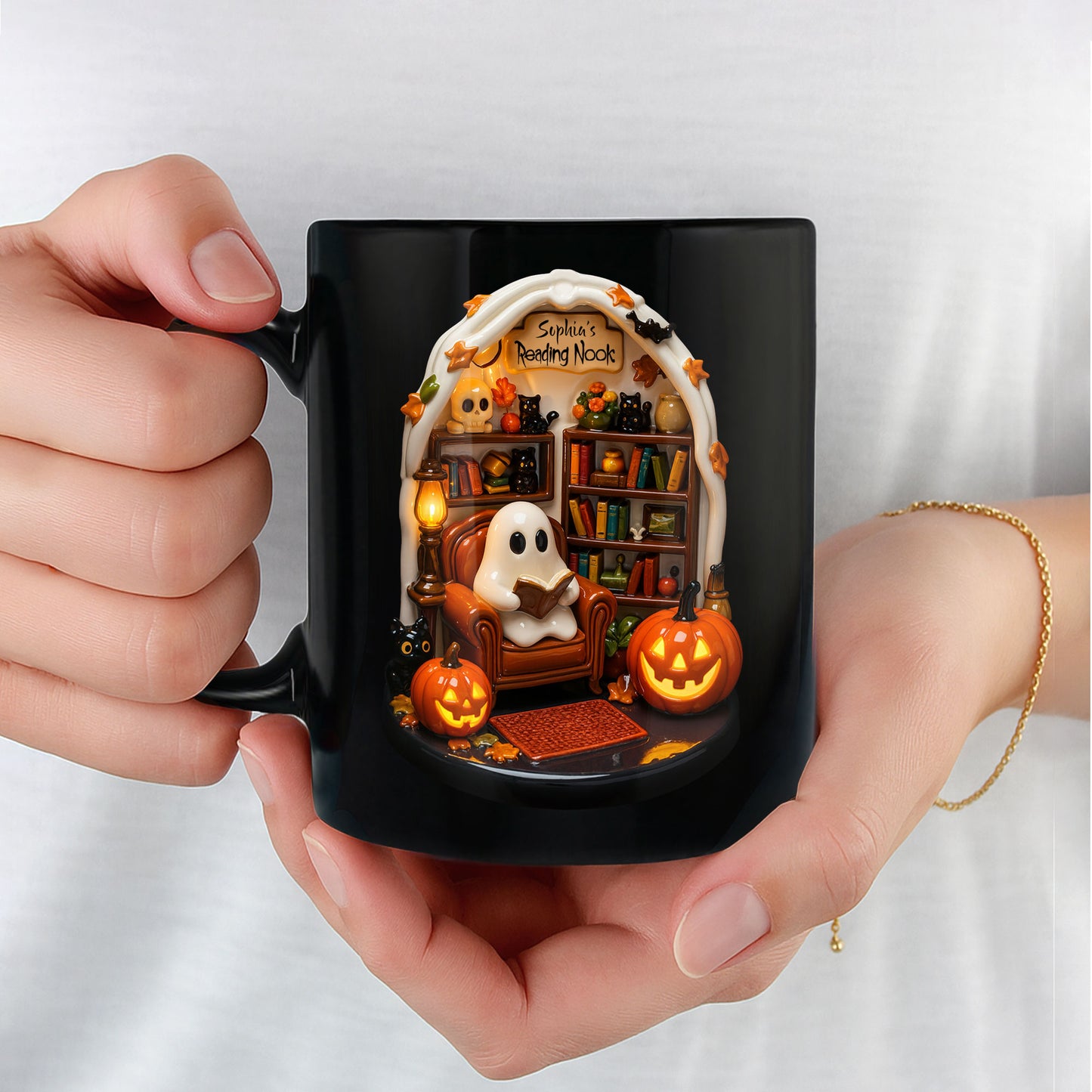 Reading Nook With Ghost, Pumpkin, And Black Cat