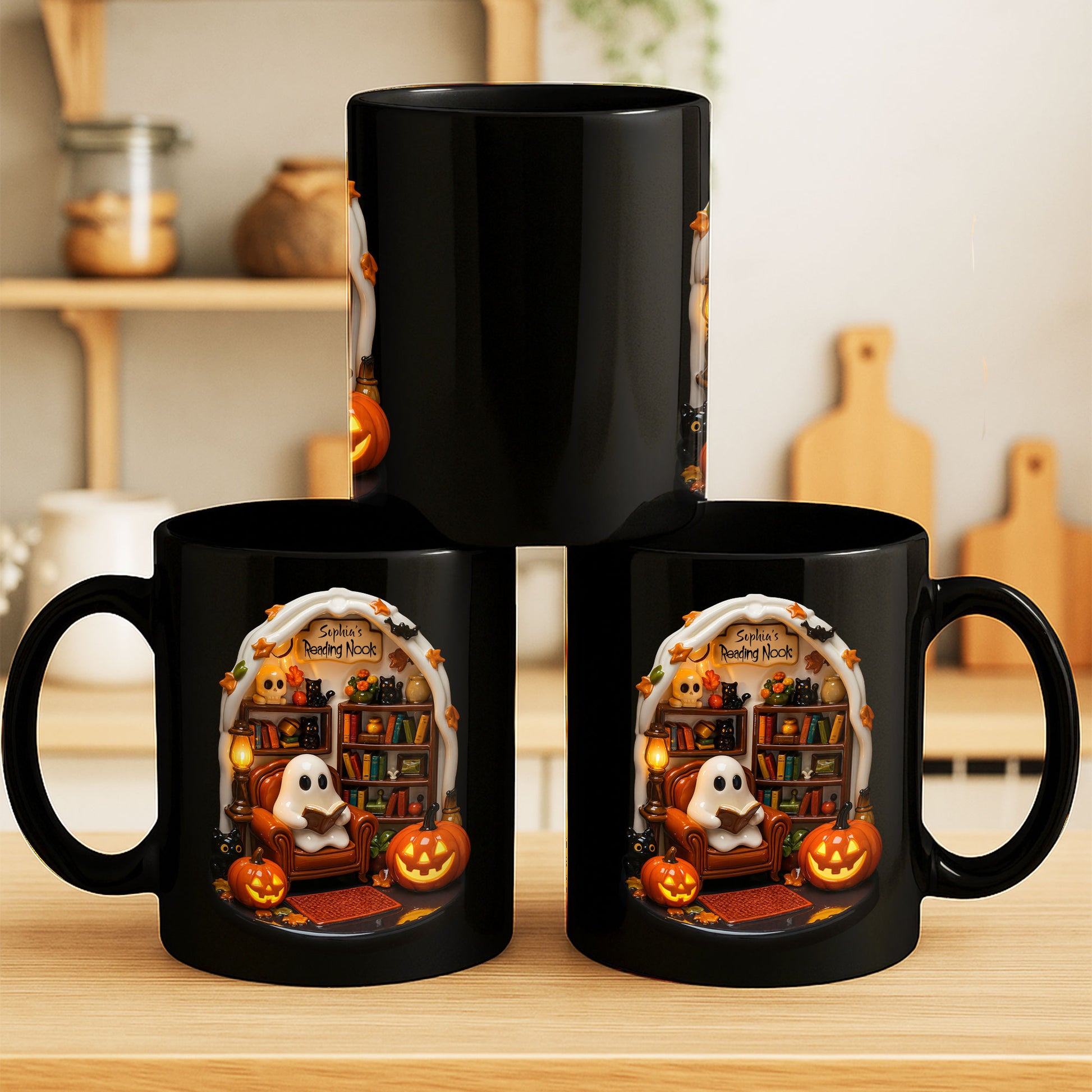 Reading Nook With Ghost, Pumpkin, And Black Cat