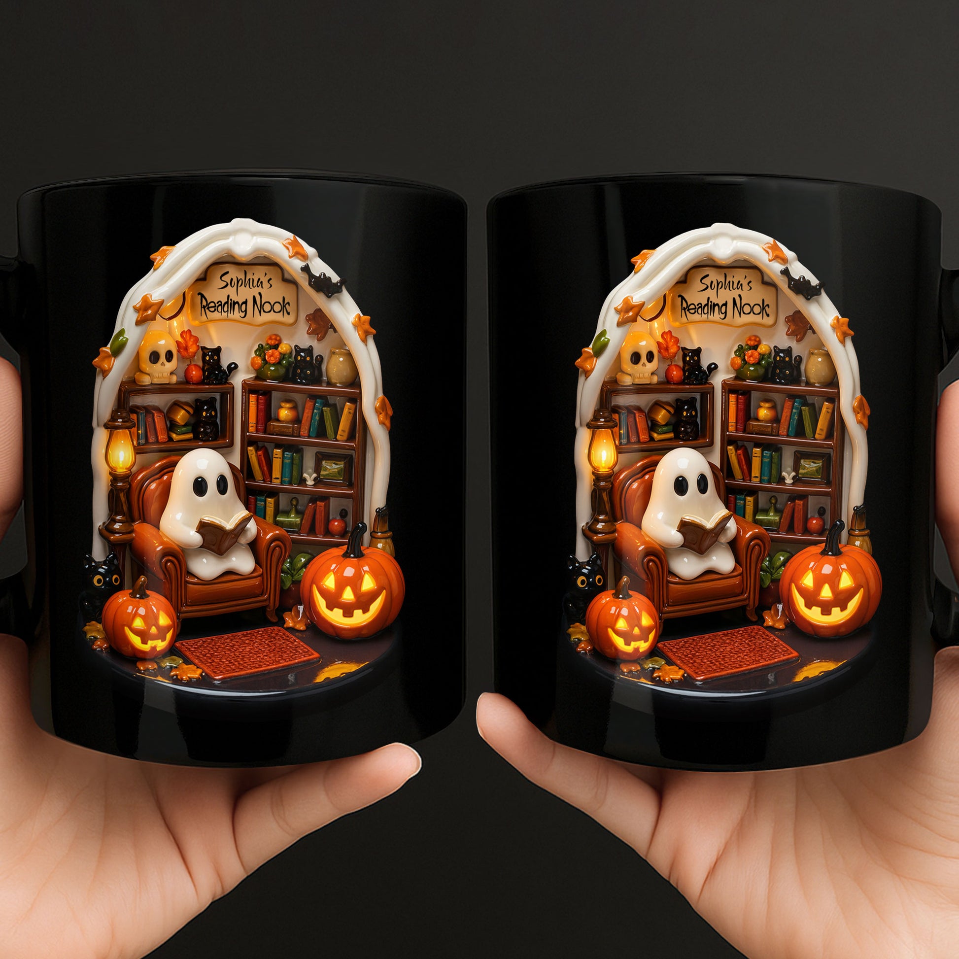 Reading Nook With Ghost, Pumpkin, And Black Cat