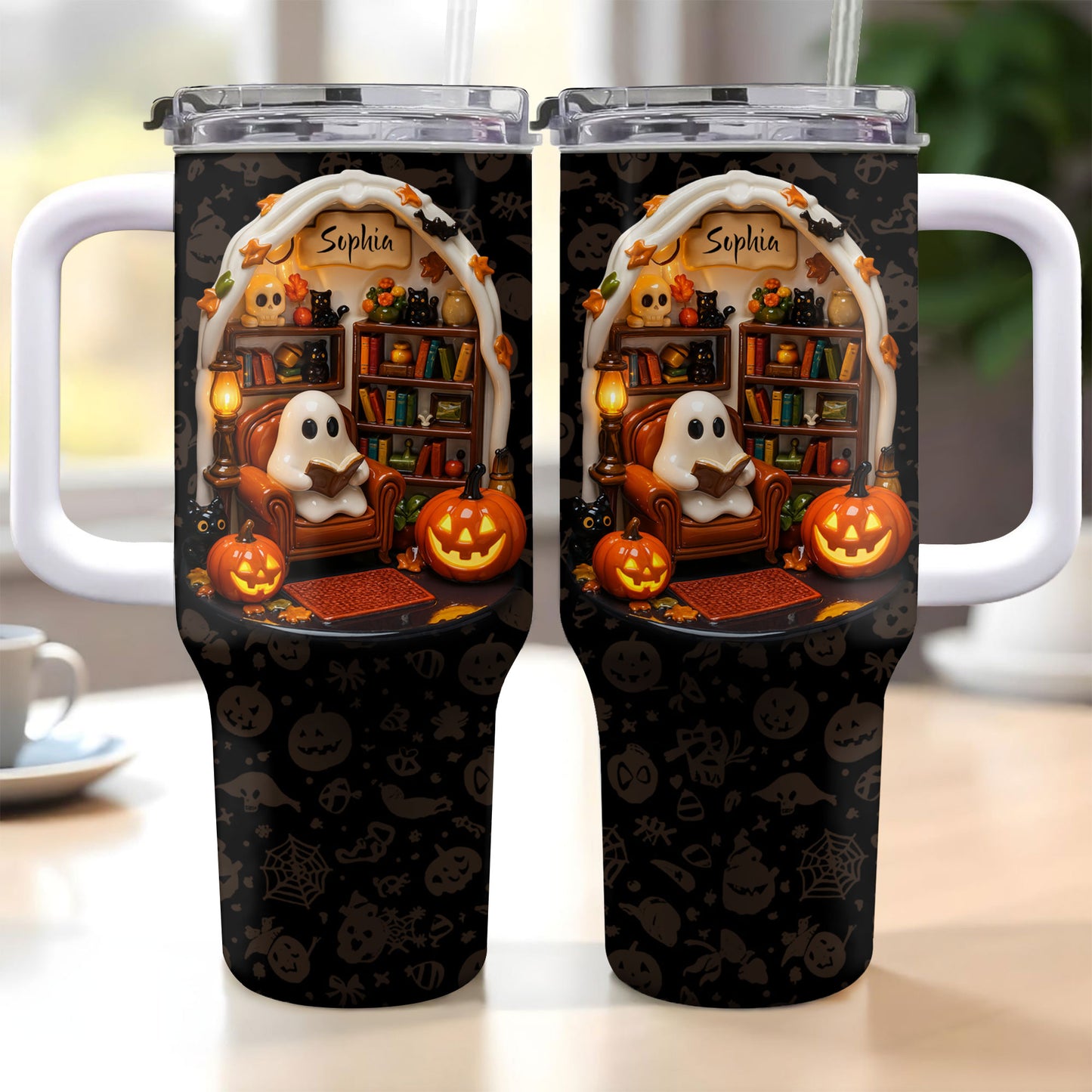 Sophia’s Reading Nook, Ghost And Pumpkin Design - Personalized 40oz Tumbler With Straw - BLV002_TBS