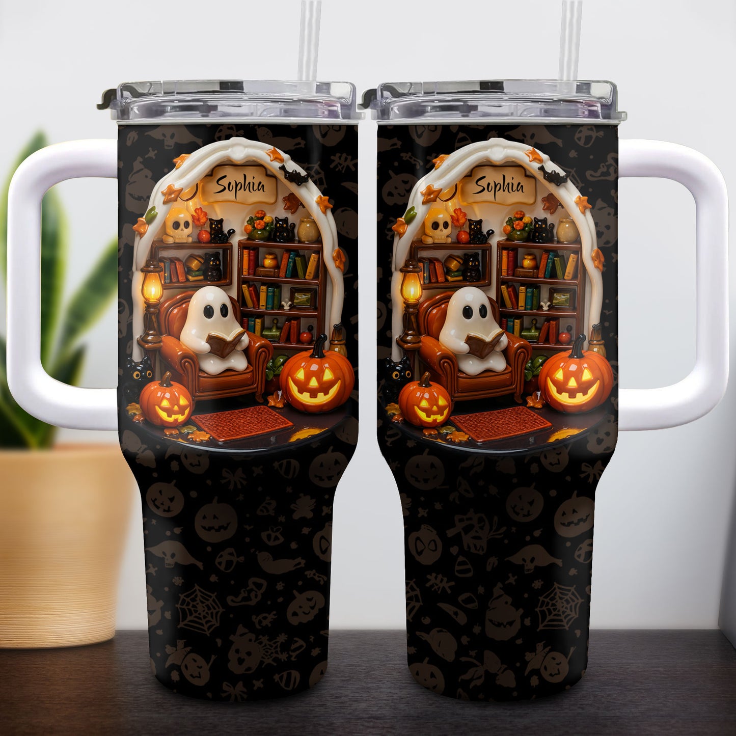 Sophia’s Reading Nook, Ghost And Pumpkin Design - Personalized 40oz Tumbler With Straw - BLV002_TBS