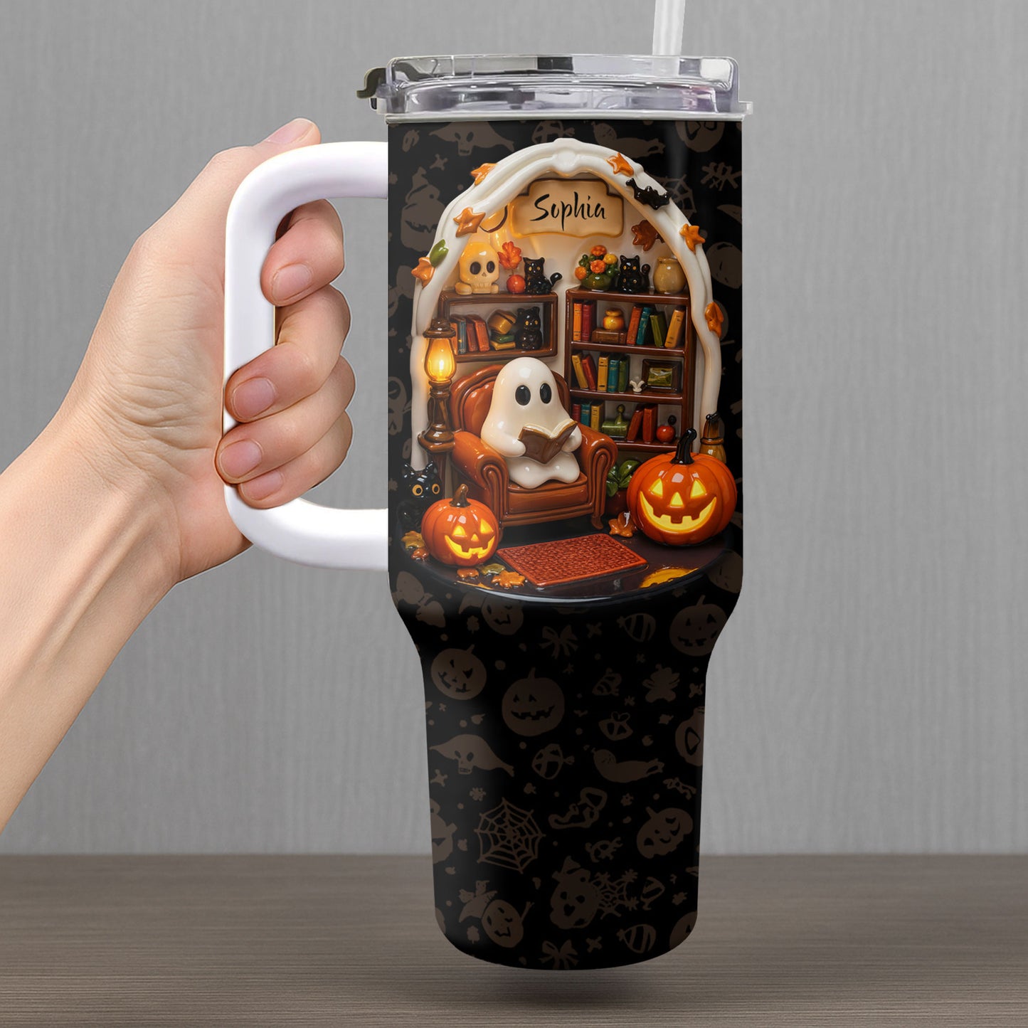 Sophia’s Reading Nook, Ghost And Pumpkin Design - Personalized 40oz Tumbler With Straw - BLV002_TBS