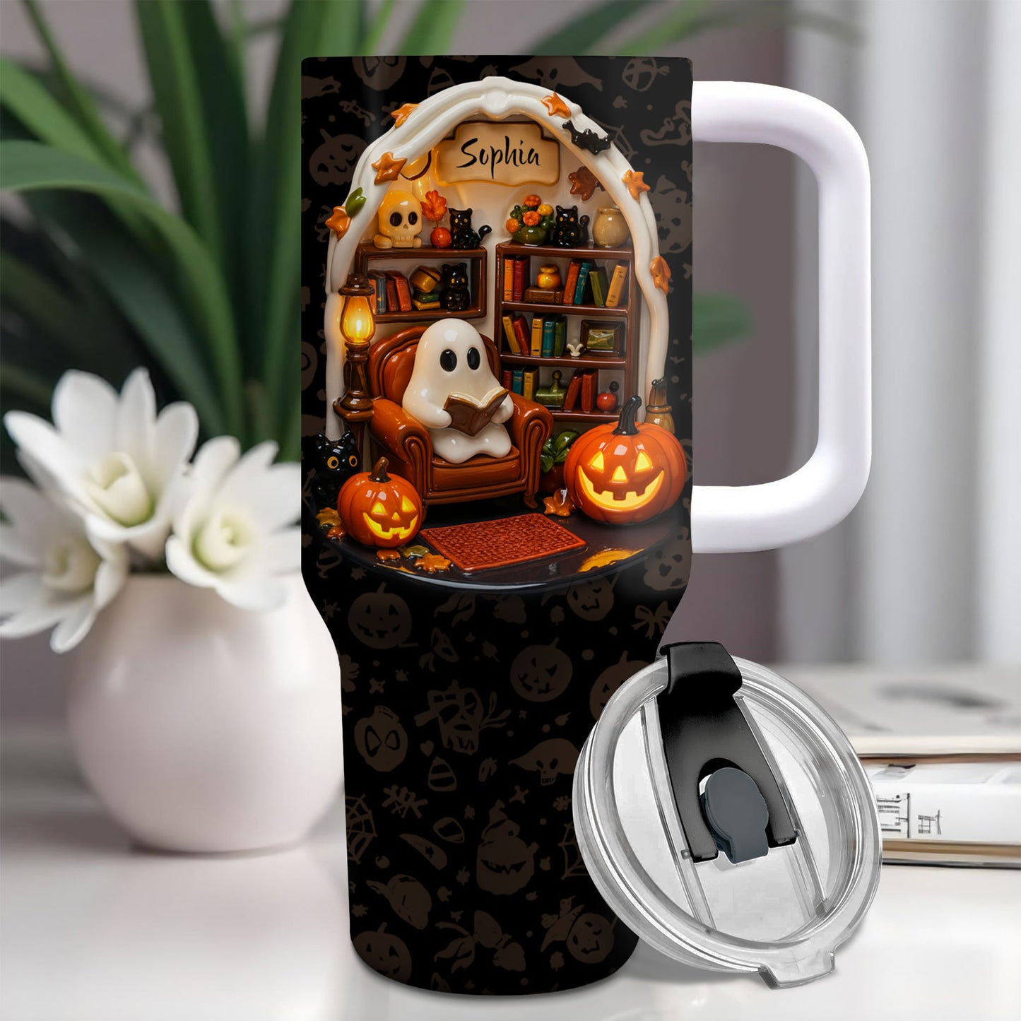Sophia’s Reading Nook, Ghost And Pumpkin Design - Personalized 40oz Tumbler With Straw - BLV002_TBS