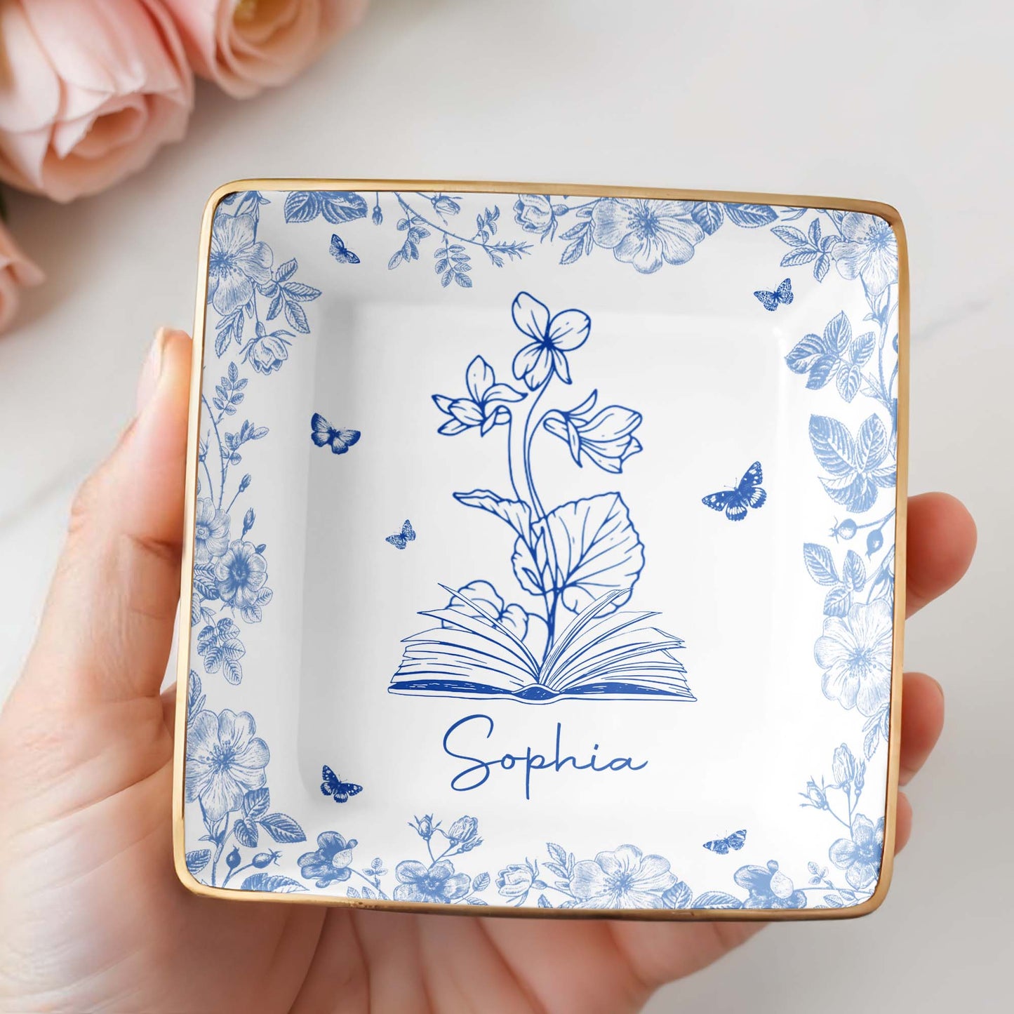 Sophia With Flowers, Butterflies, And An Open Book