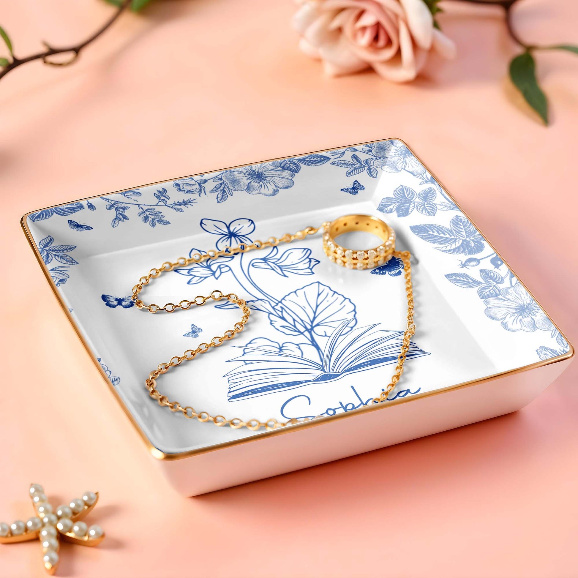 Sophia With Flowers, Butterflies, And An Open Book