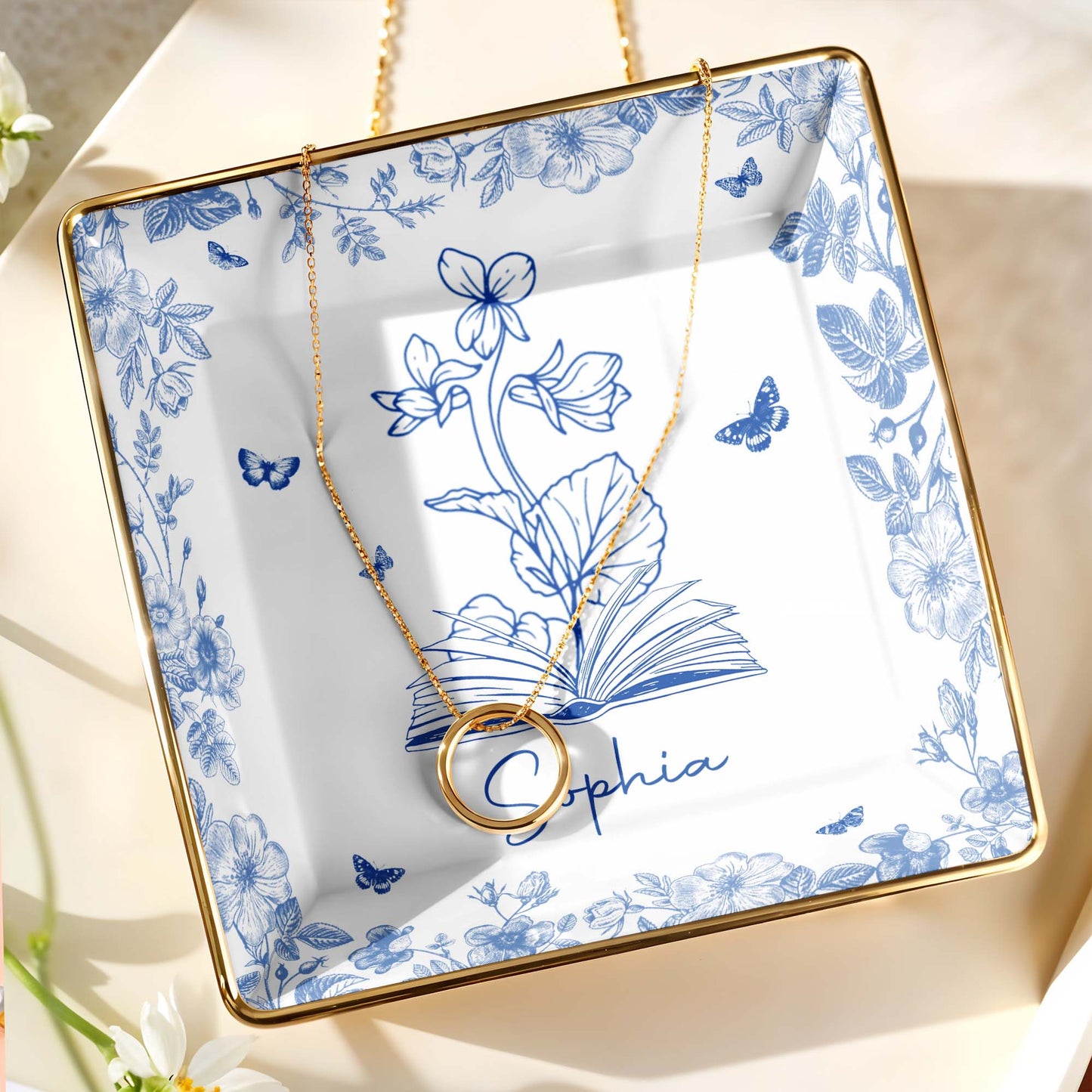 Sophia With Flowers, Butterflies, And An Open Book