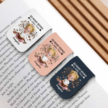 So Many Books So Little Time, Girl Reading Among Leaves - Personalized Custom Leather Bookmark - BLV007_LBMARK