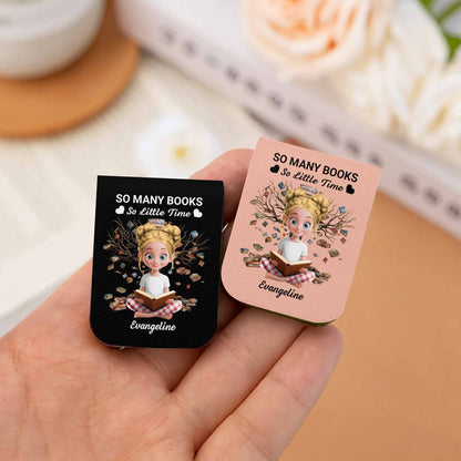 So Many Books So Little Time, Girl Reading Among Leaves - Personalized Custom Leather Bookmark - BLV007_LBMARK