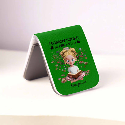 So Many Books So Little Time, Girl Reading Among Leaves - Personalized Custom Leather Bookmark - BLV007_LBMARK