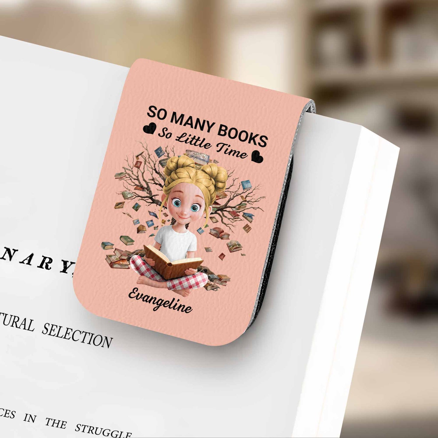 So Many Books So Little Time, Girl Reading Among Leaves - Personalized Custom Leather Bookmark - BLV007_LBMARK