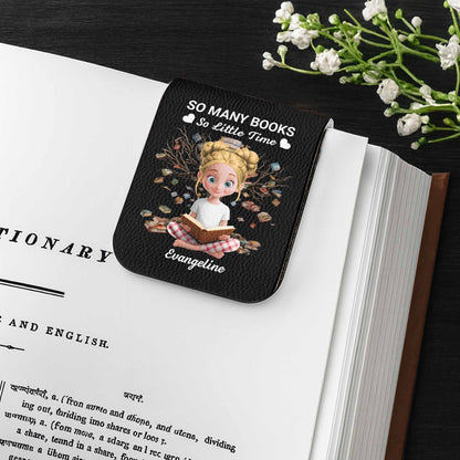 So Many Books So Little Time, Girl Reading Among Leaves - Personalized Custom Leather Bookmark - BLV007_LBMARK