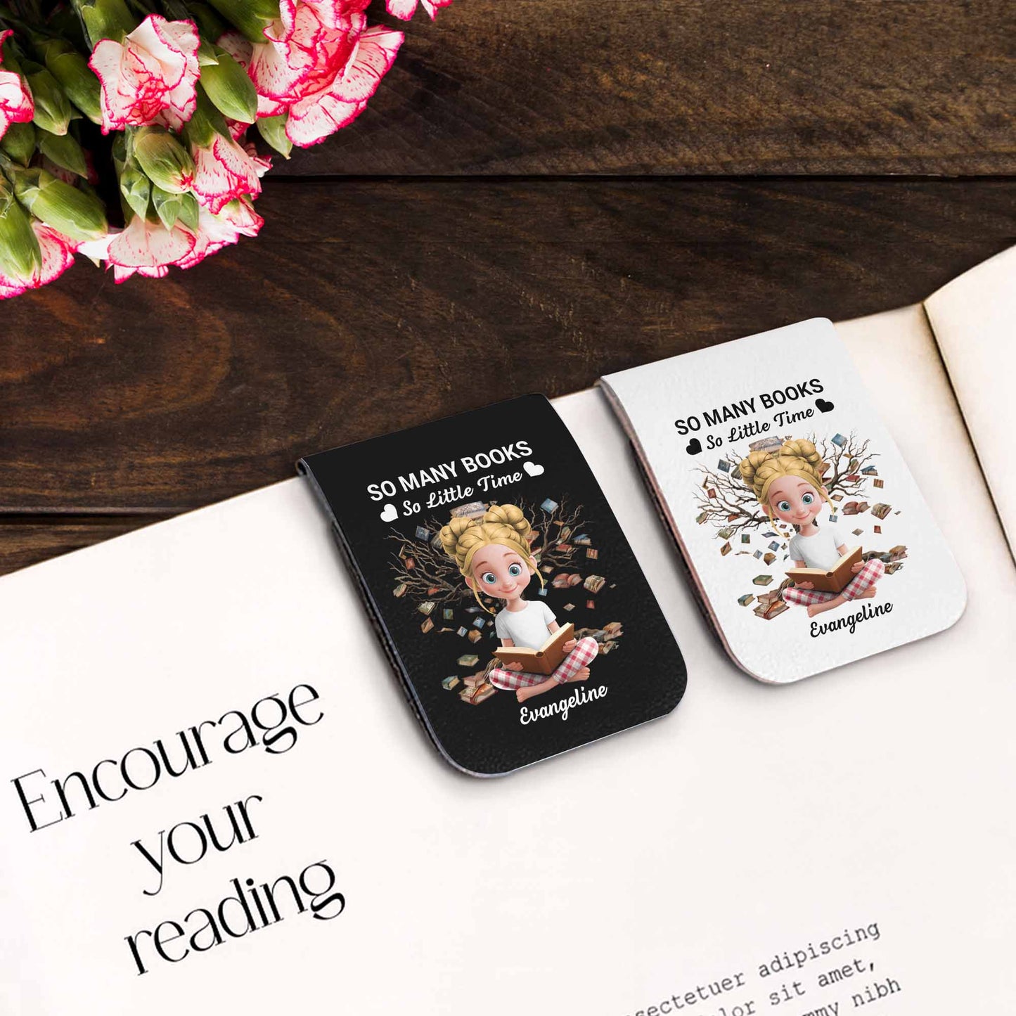So Many Books So Little Time, Girl Reading Among Leaves - Personalized Custom Leather Bookmark - BLV007_LBMARK