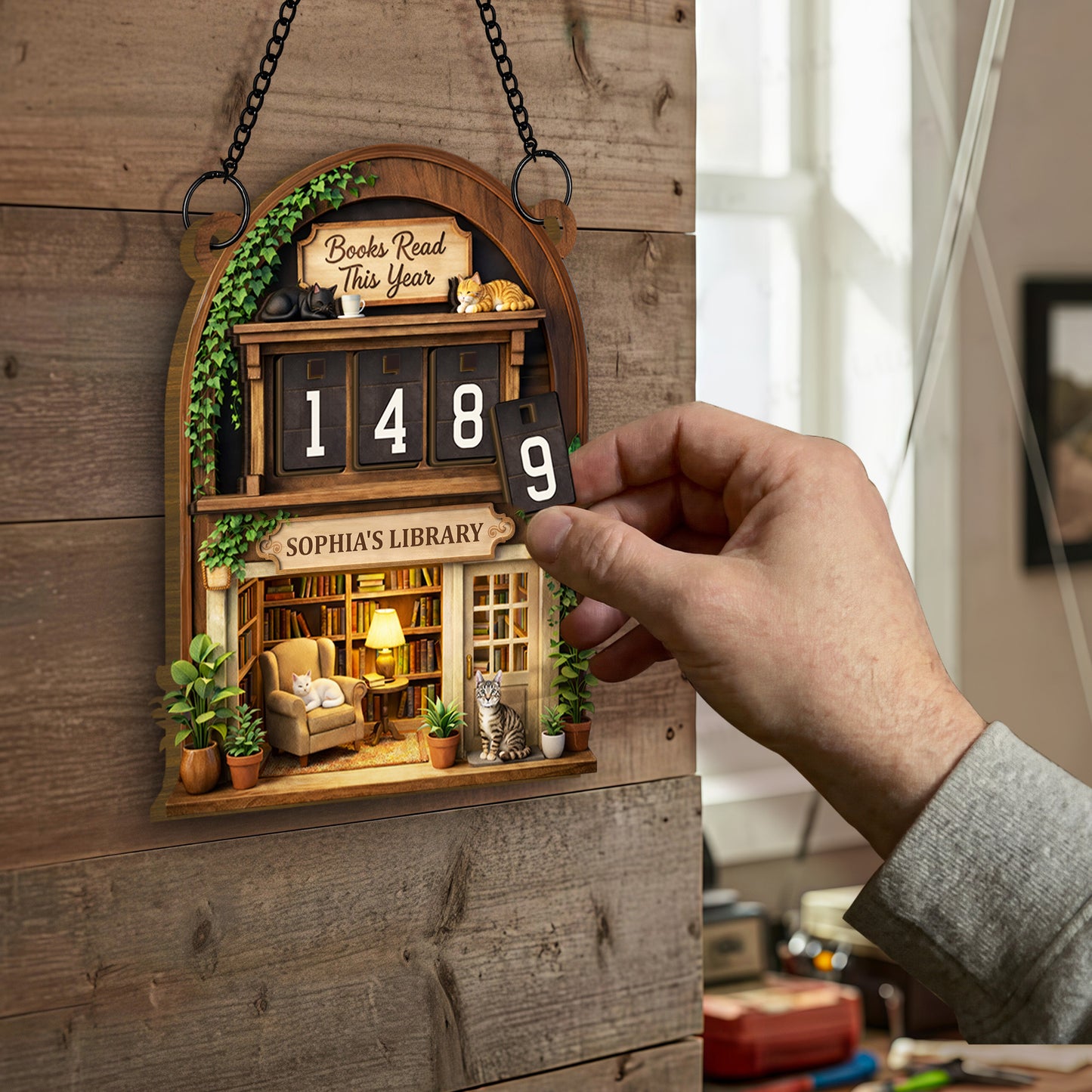 Books Read This Year Personalized Tracker With Library Scene And Cats - Personalized Custom Tracker Sign - BLV018_TRASIG