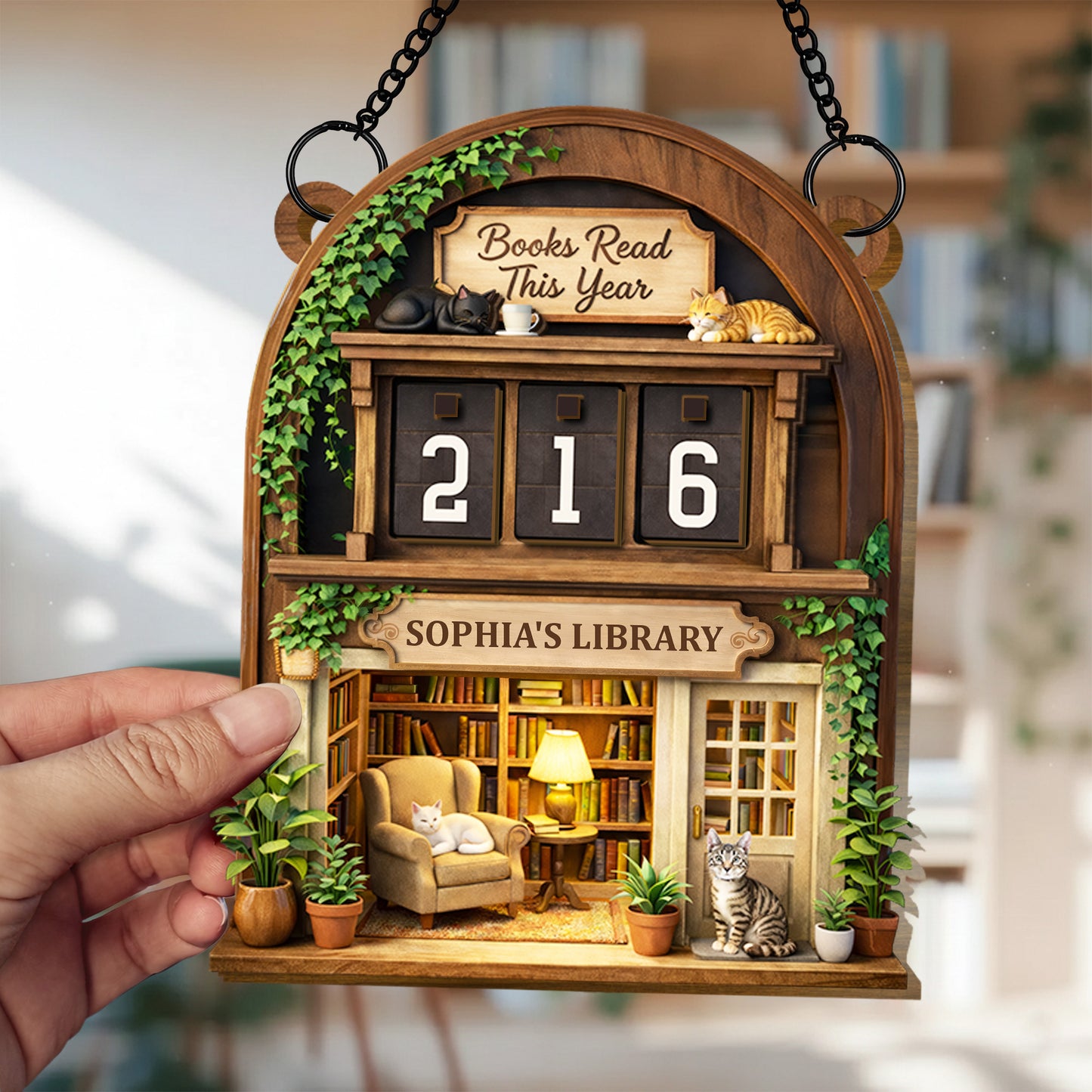 Books Read This Year Personalized Tracker With Library Scene And Cats - Personalized Custom Tracker Sign - BLV018_TRASIG