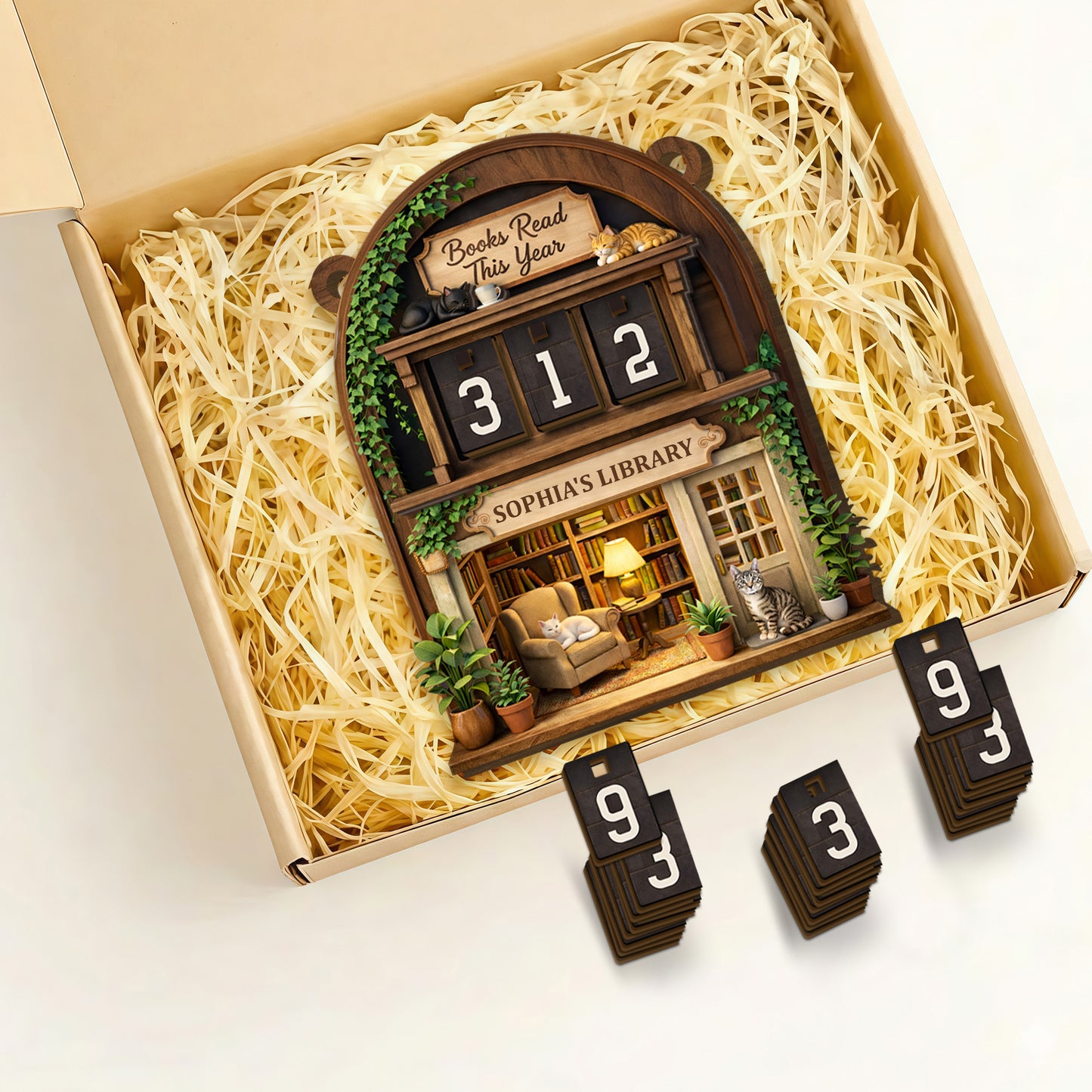 Books Read This Year Personalized Tracker With Library Scene And Cats - Personalized Custom Tracker Sign - BLV018_TRASIG