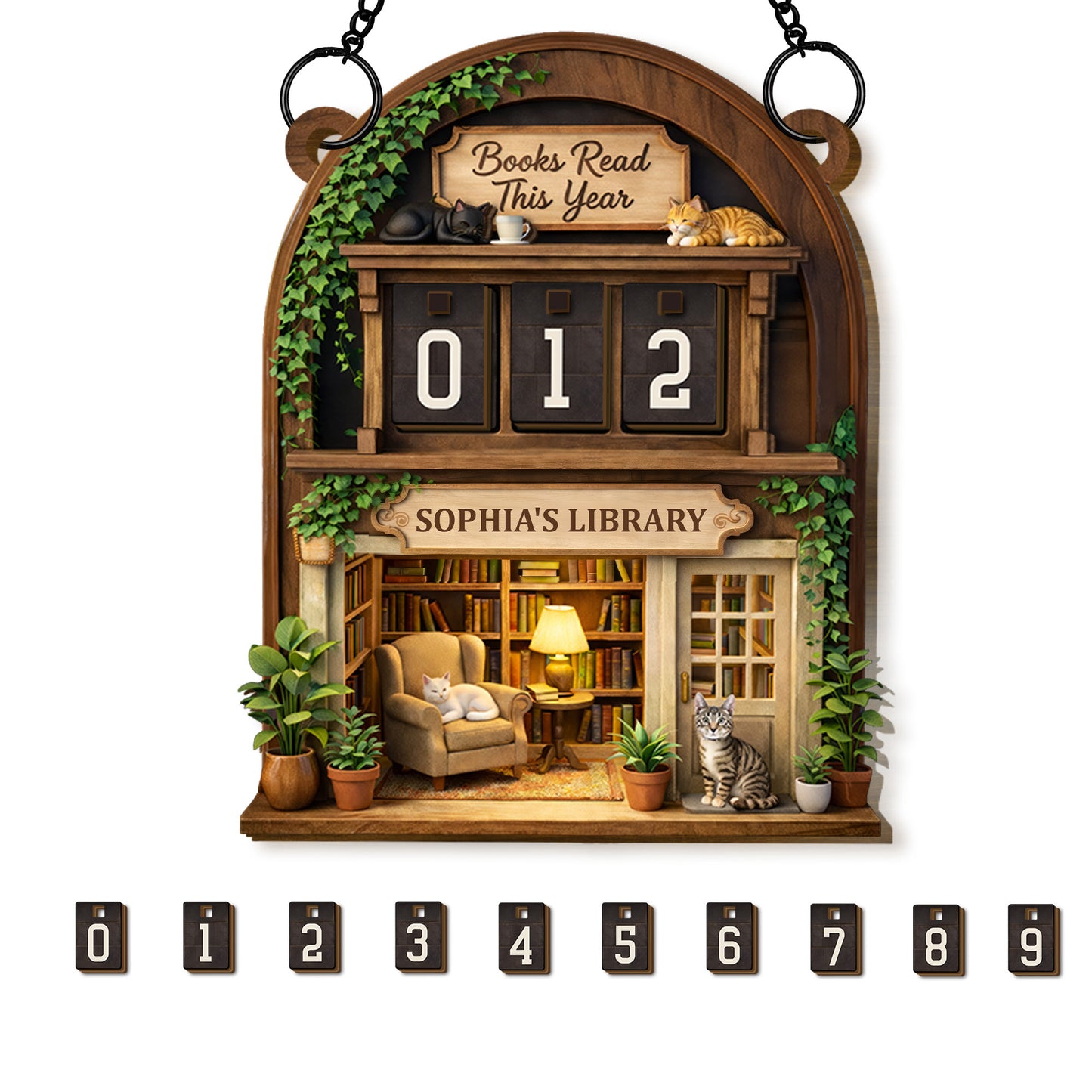 Books Read This Year Personalized Tracker With Library Scene And Cats - Personalized Custom Tracker Sign - BLV018_TRASIG