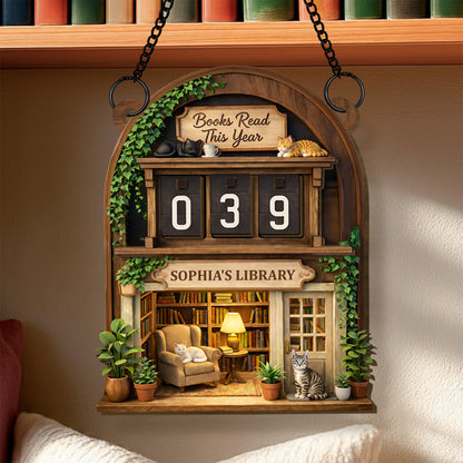 Books Read This Year Personalized Tracker With Library Scene And Cats - Personalized Custom Tracker Sign - BLV018_TRASIG
