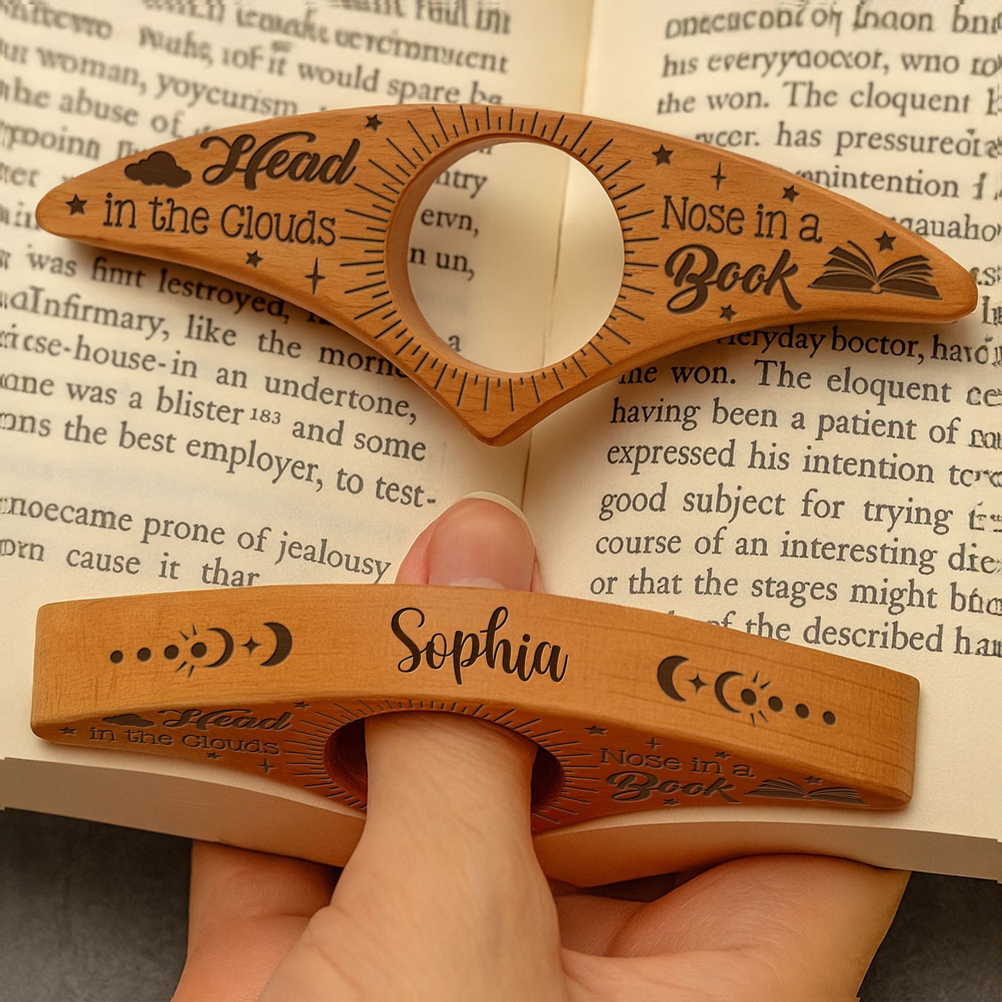 Handmade With Love, Perfect Reading Accessory, Stars And Moon - Personalized Wooden Book Page Holder - BLV026_WOPHO