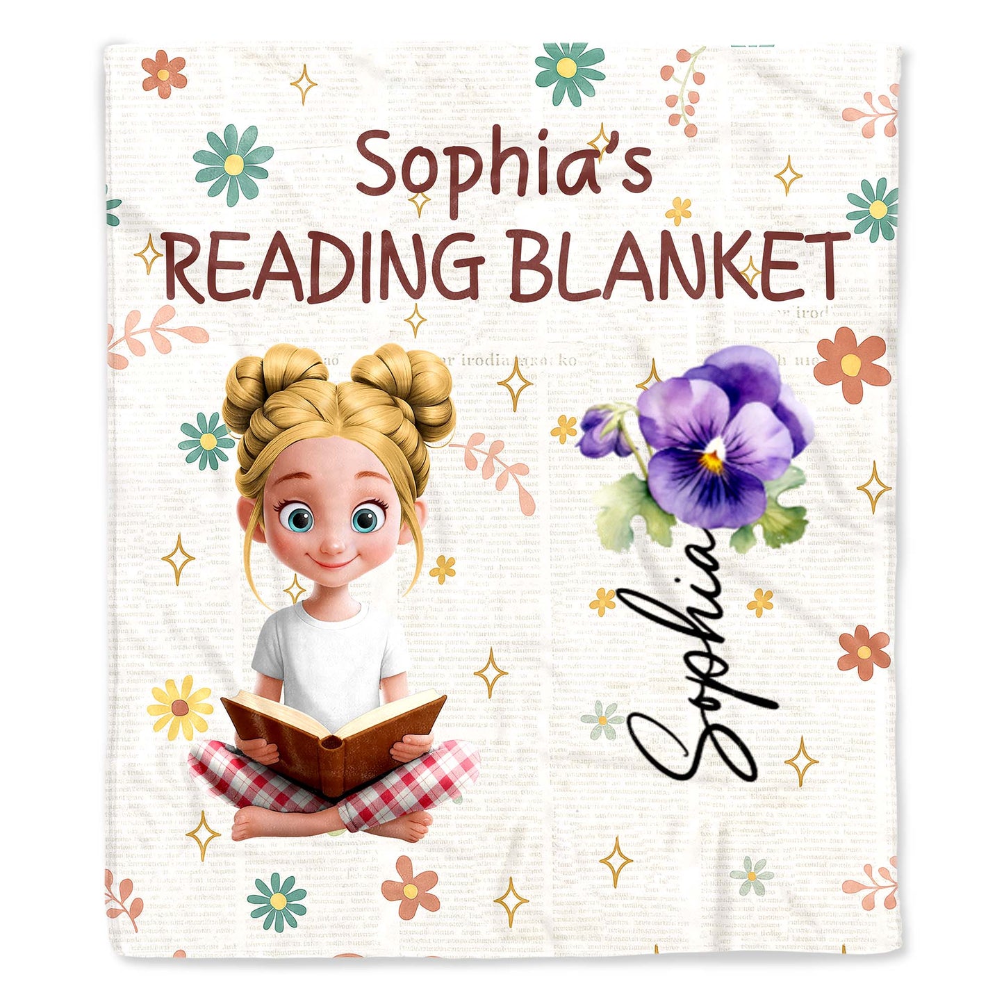 Jessica's Reading Blanket Featuring a Reading Girl and Flowers - Personalized Custom Blanket - BLV062_BLK