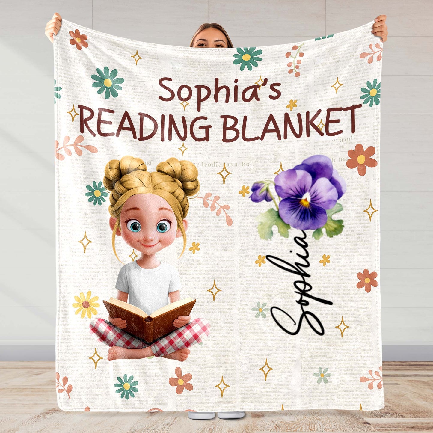 Jessica's Reading Blanket Featuring a Reading Girl and Flowers - Personalized Custom Blanket - BLV062_BLK