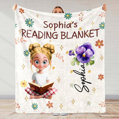 Jessica's Reading Blanket Featuring a Reading Girl and Flowers - Personalized Custom Blanket - BLV062_BLK