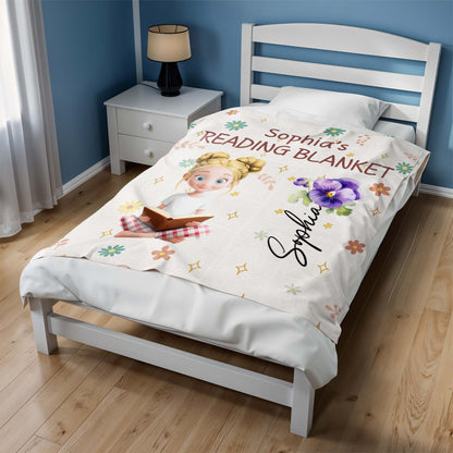 Jessica's Reading Blanket Featuring a Reading Girl and Flowers - Personalized Custom Blanket - BLV062_BLK