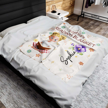 Jessica's Reading Blanket Featuring a Reading Girl and Flowers - Personalized Custom Blanket - BLV062_BLK