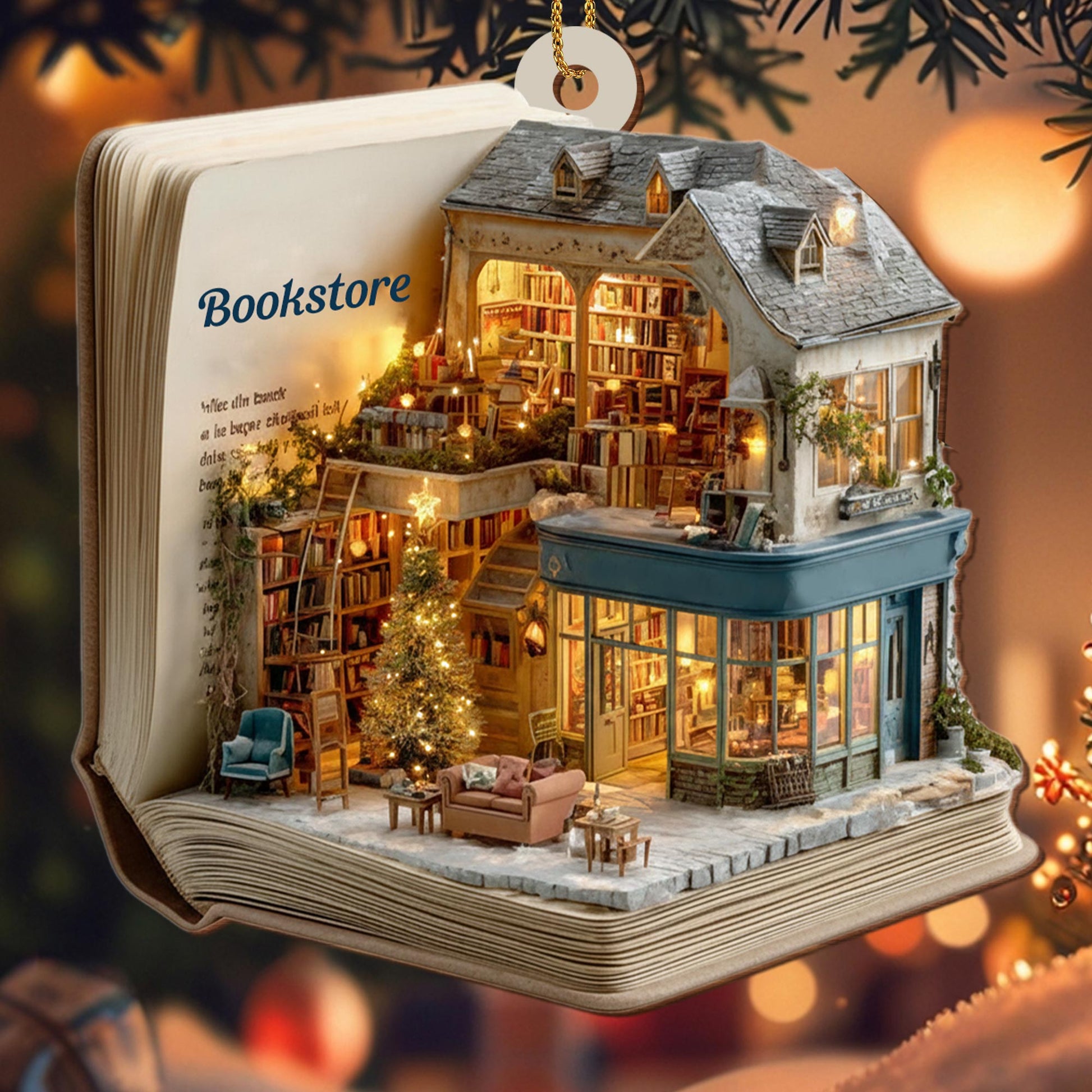 A Cozy Bookstore Scene, Christmas Lights