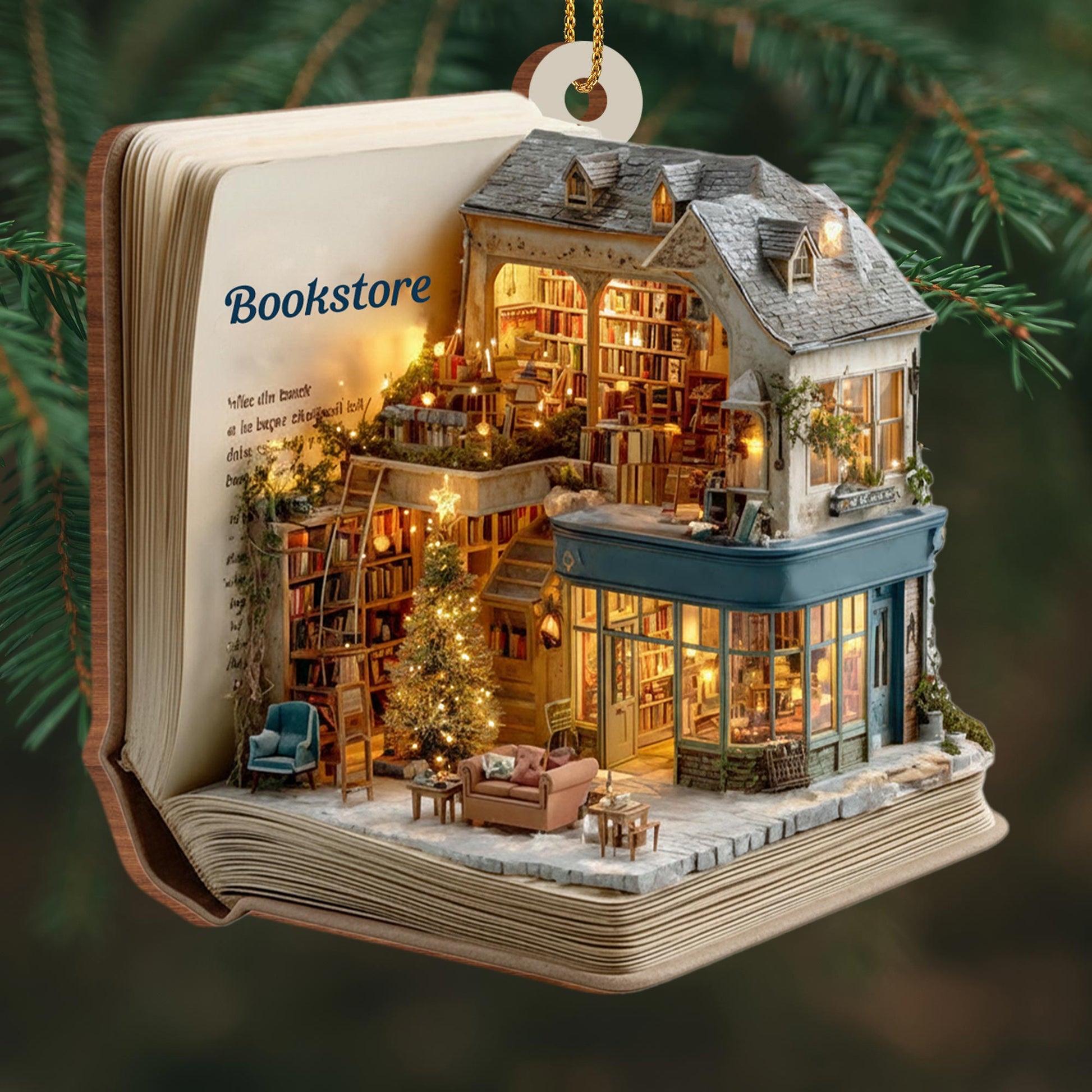 A Cozy Bookstore Scene, Christmas Lights