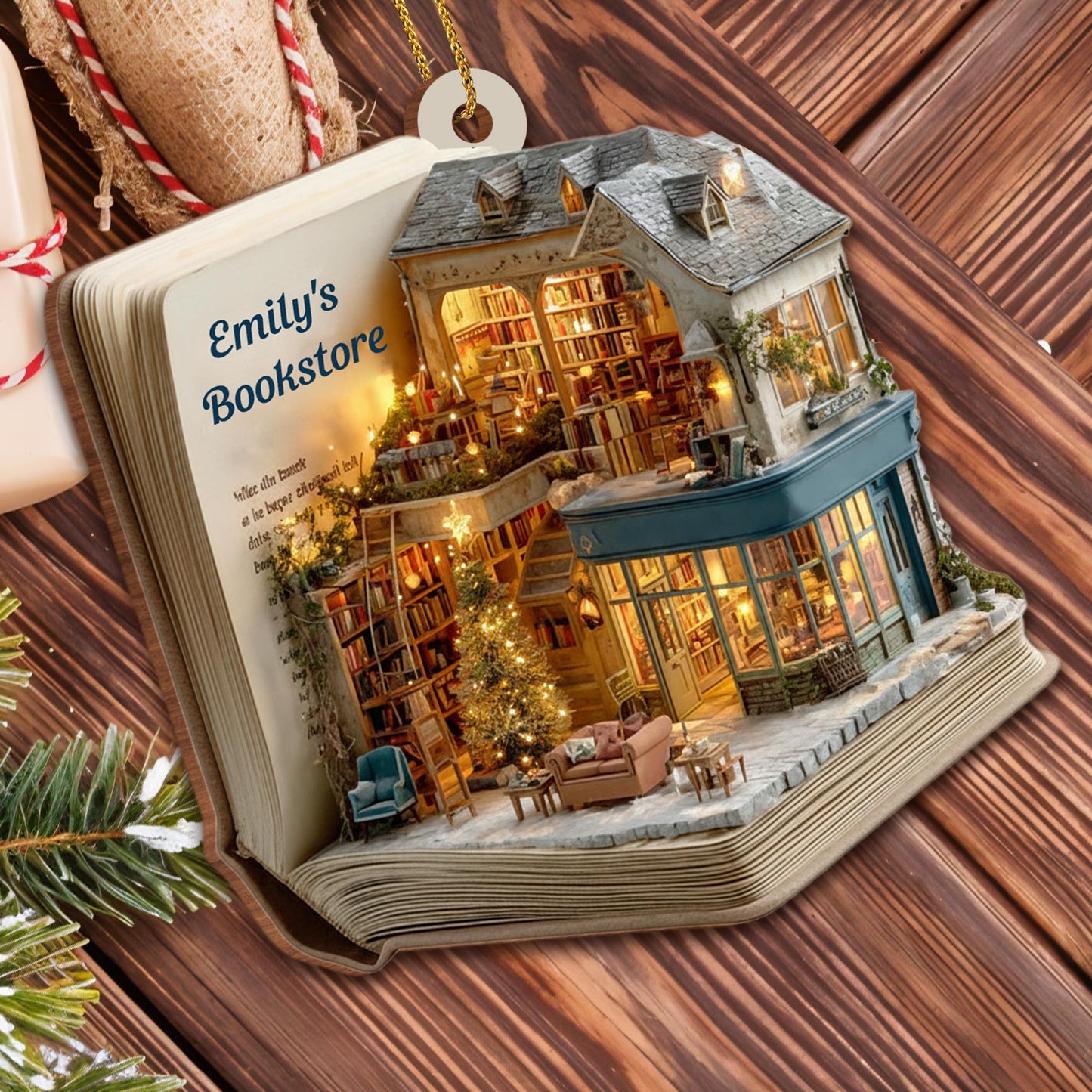 A Cozy Bookstore Scene, Christmas Lights - Personalized Custom Wood Ornament, Custom Shaped - BLV075_WDO