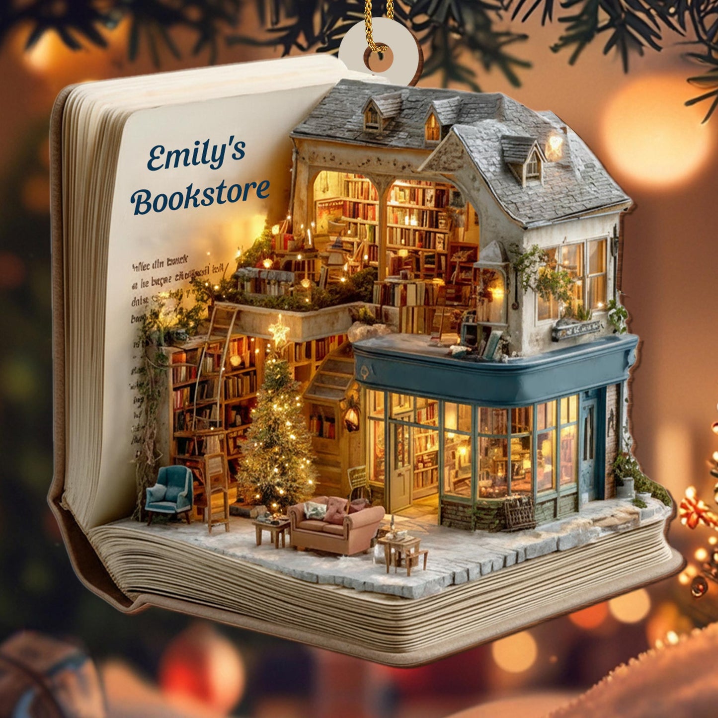 A Cozy Bookstore Scene, Christmas Lights - Personalized Custom Wood Ornament, Custom Shaped - BLV075_WDO