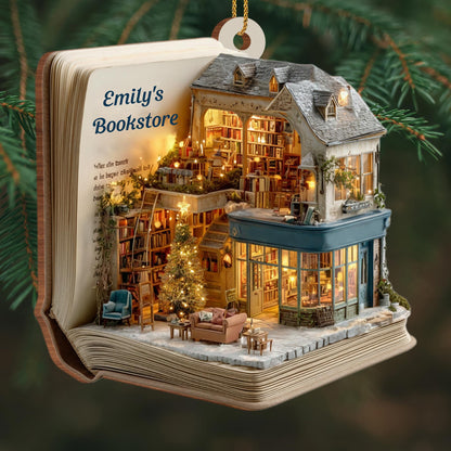 A Cozy Bookstore Scene, Christmas Lights - Personalized Custom Wood Ornament, Custom Shaped - BLV075_WDO