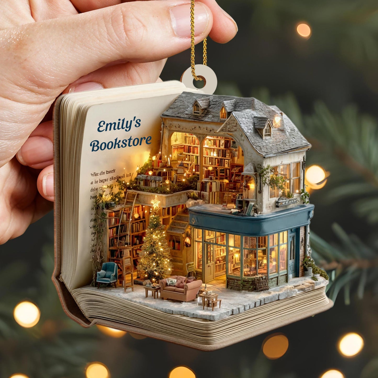 A Cozy Bookstore Scene, Christmas Lights - Personalized Custom Wood Ornament, Custom Shaped - BLV075_WDO