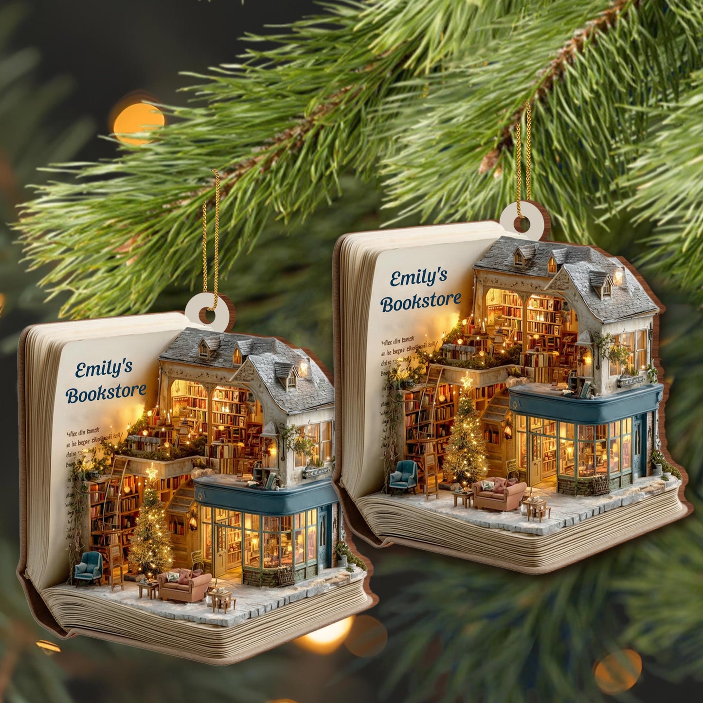 A Cozy Bookstore Scene, Christmas Lights - Personalized Custom Wood Ornament, Custom Shaped - BLV075_WDO