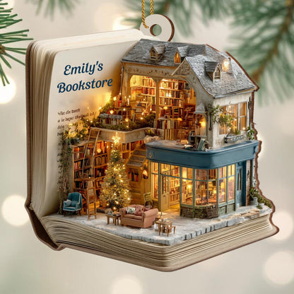 A Cozy Bookstore Scene, Christmas Lights - Personalized Custom Wood Ornament, Custom Shaped - BLV075_WDO
