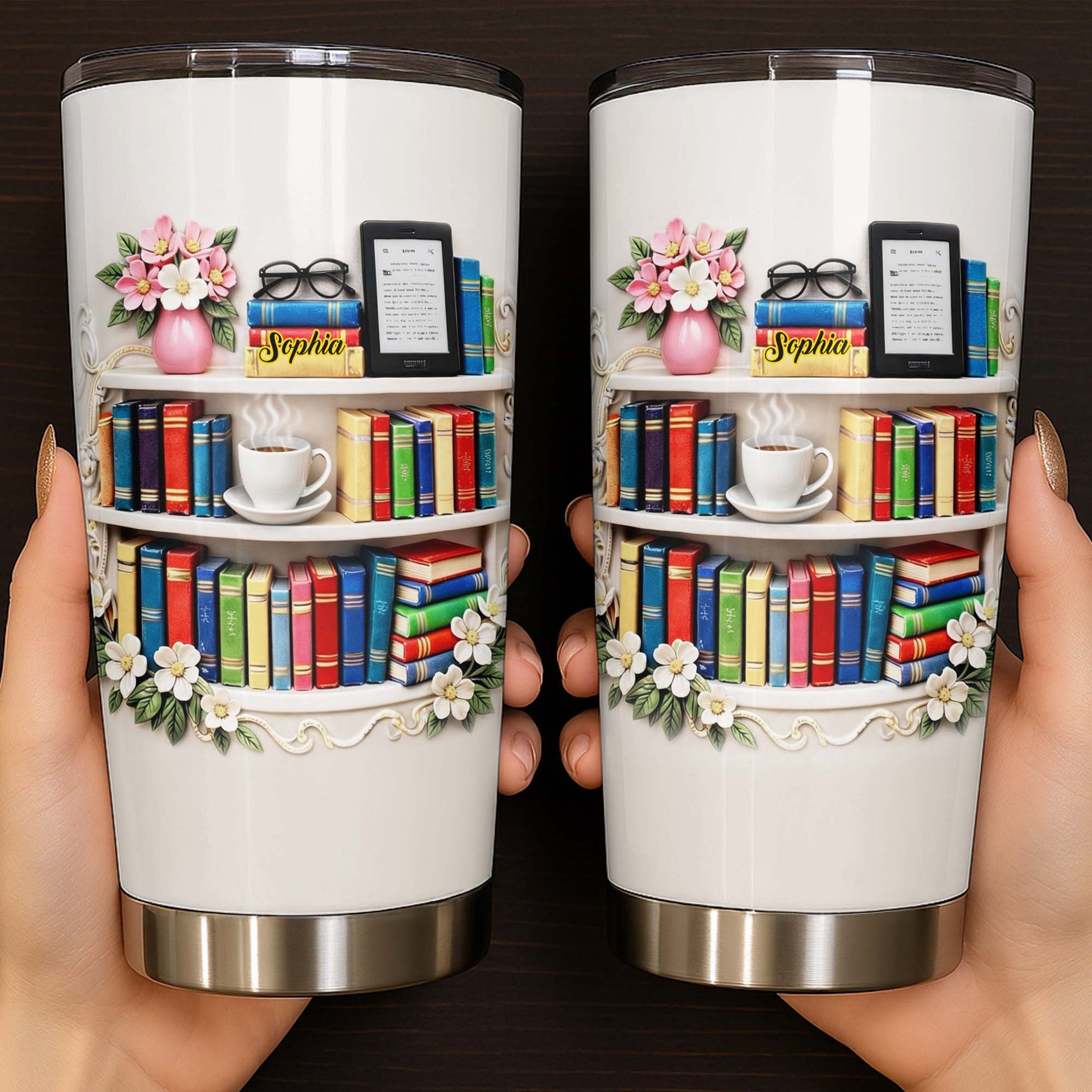 Personal Library Inspiration Tumbler With Books And Coffee