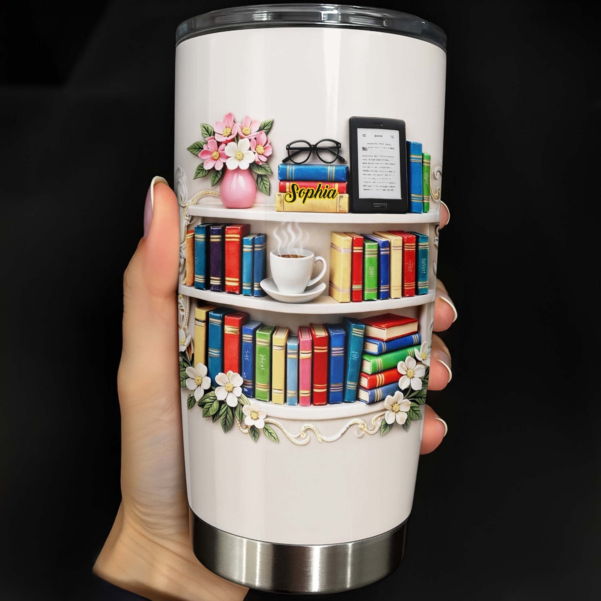 Personal Library Inspiration Tumbler With Books And Coffee
