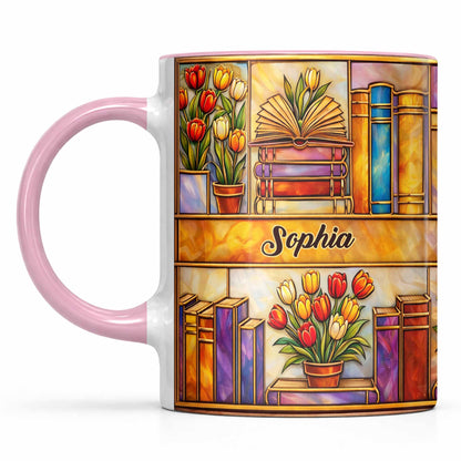 Stained Glass Style Library With Tulips And Books For Readers