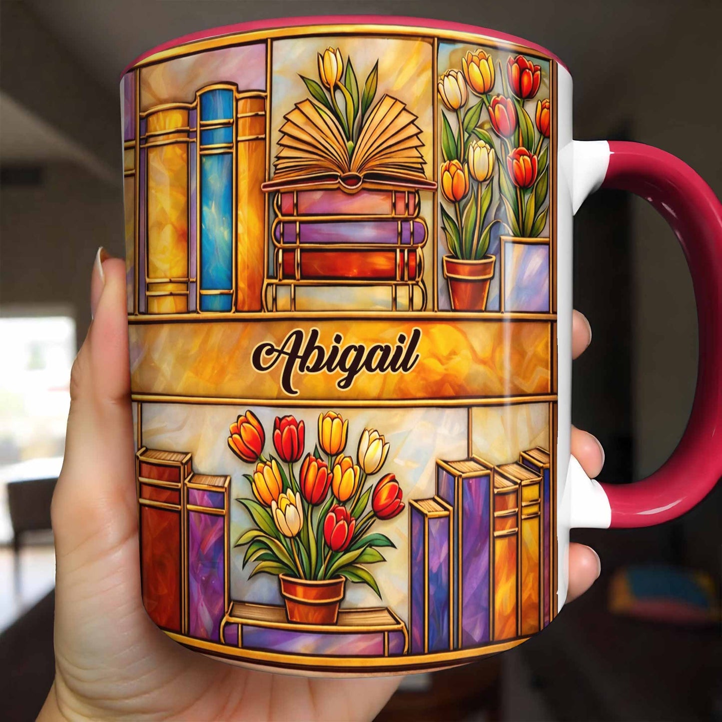 Stained Glass Style Library With Tulips And Books For Readers