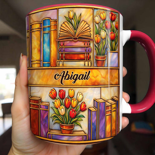 Stained Glass Style Library With Tulips And Books For Readers